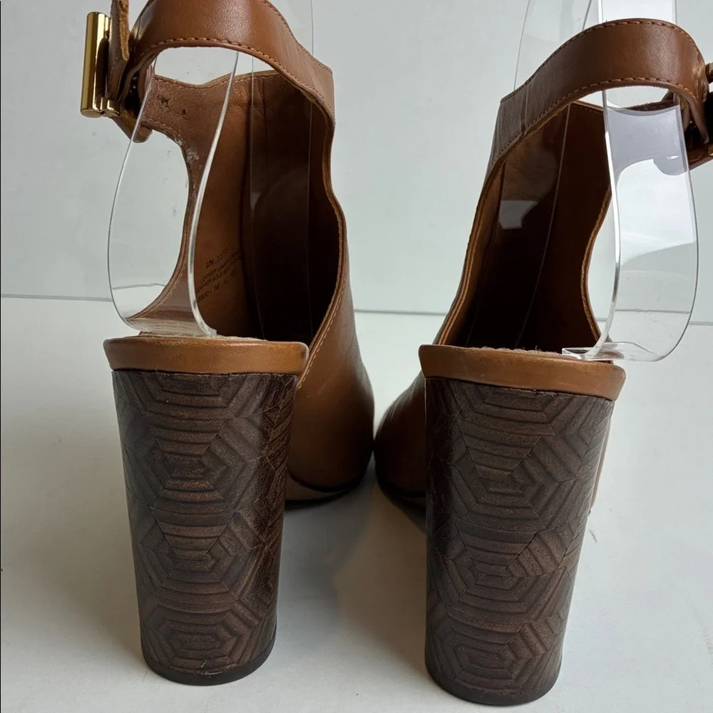 Tory Burch Grove Open Toe Bootie Sz 5 Royal Tan Wood Detail Heel Designer Luxury